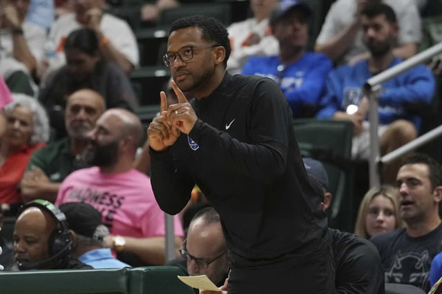Duke associate head coach Jai Lucas gestures during the second half of an NCAA college basketball game against Miami, Tuesday, Feb. 25, 2025, in Coral Gables, Fla. He was named Miami&#39;s head coach on Thursday.