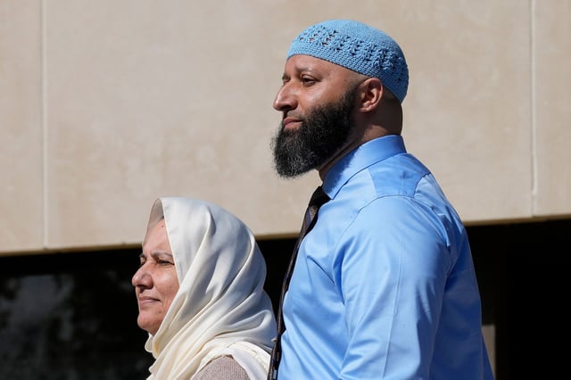 Adnan Syed, right, and his mother Shamim Rahman, follow attorney Erica Sutter, talk with reporters outside Maryland's Supreme Court in Annapolis, Maryland on October 5, 2023.