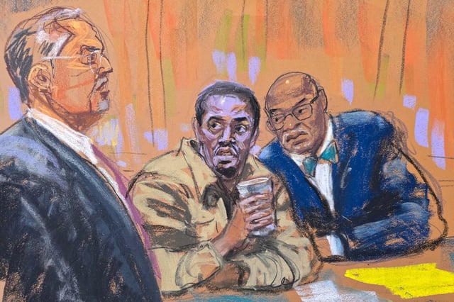 Sean "Diddy" Combs attends a pre-trial conference in his sex trafficking case with his attorneys Marc Agnifilo and Anthony Ricco in New York City, New York, U.S., December 18, 2024 in this courtroom sketch. REUTERS/Jane Rosenberg/File Photo