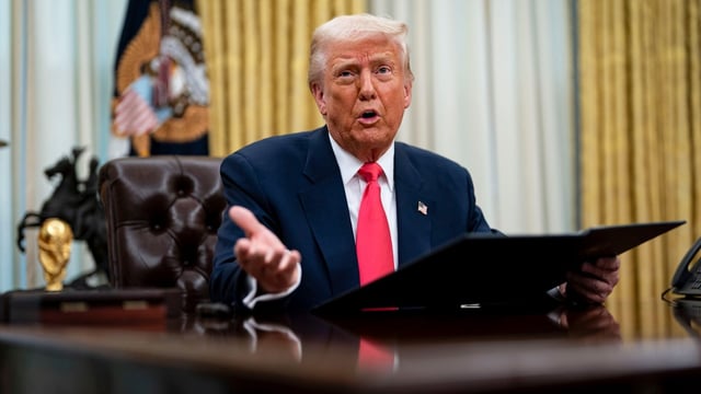 US President Donald Trump speaks during an executive order signing ceremony in the Oval Office of the White House in Washington, DC, US, on Thursday, March 6, 2025. Photographer: Al Drago/Bloomberg