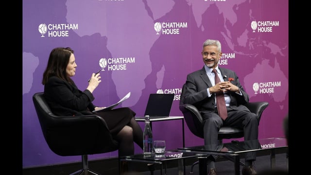 External Affairs Minister S Jaishankar during a conversation with Director and CEO of Bronwen Maddox at Chatham House in England. (PTI)