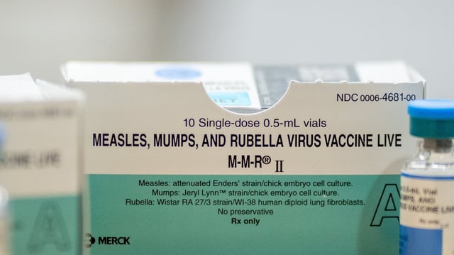 Boxes and vials of the Measles, Mumps, Rubella Virus Vaccine at a vaccine clinic put on by Lubbock Public Health Department on March 1, 2025 in Lubbock, Texas.
