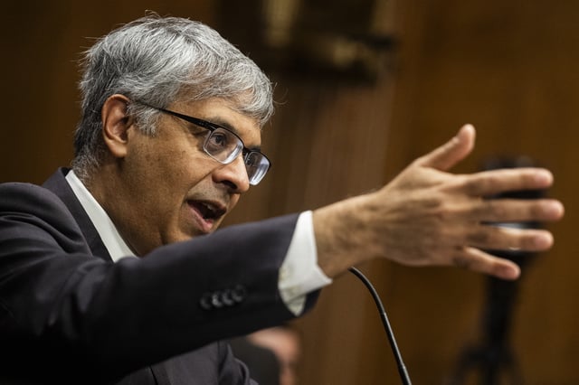 Jayanta Bhattacharya testifies during a US Senate Committee on Health, Education, Labor, and Pensions hearing on his nomination to be Director of the National Institutes of Health (NIH), on Capitol Hill in Washington DC, on March 5, 2025. (Photo by Jim WATSON / AFP) (Photo by JIM WATSON/AFP via Getty Images)