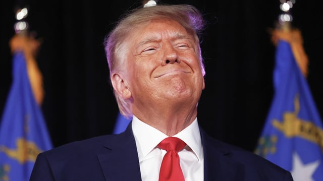 Donald Trump smiles before he delivers remarks at a Nevada Republican volunteer recruiting event at Fervent: A Calvary Chapel on July 8, 2023 in Las Vegas, Nevada.