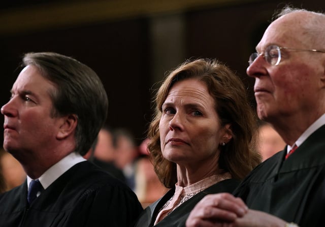 Supreme Court Associate Justice Amy Coney Barrett, Justice Brett Kavanaugh and retired Justice Anthony Kennedy attend U.S. President Donald Trump's address to a joint session of Congress at the U.S. Capitol on March 04, 2025 in Washington, DC.