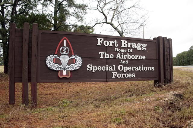 FILE - In this Jan. 4, 2020, file photo a sign for Fort Bragg, N.C., is shown. (AP Photo/Chris Seward, File)