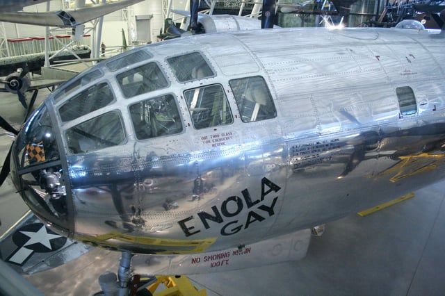 The cockpit area of the restored Enola Gay, the Boeing B-29 Superfortress airplane used to drop the first atomic bomb in combat 6 August 1945 on Hiroshima, Japan, is seen on display at the Steven F. Udvar-Hazy Center, the Smithsonian&#39;s new addition to the National Air and Space Museum, 25 March, 2006 in Chantilly, Virginia.