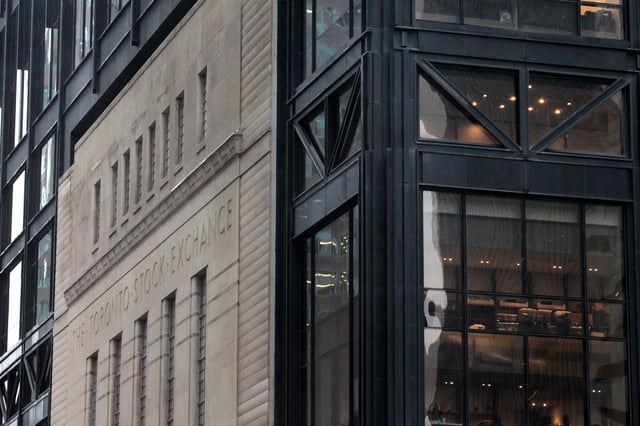 The Art Deco facade of the original Toronto Stock Exchange building is seen on Bay Street in Toronto, Ontario, Canada January 23, 2019.   REUTERS/Chris Helgren/File Photo
