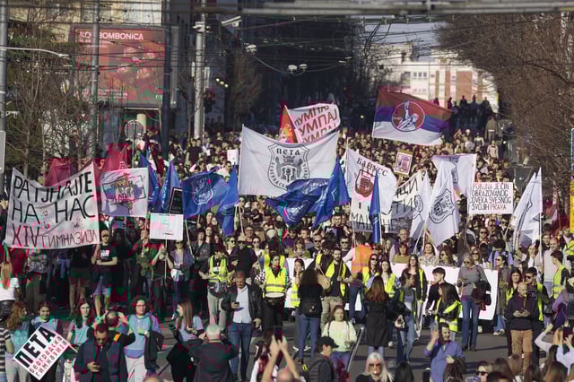 Students and citizens march to protest the deaths of 15 people killed in the November collapse of a train station canopy in Belgrade, Serbia, Friday, March 7, 2025. (AP Photo/Darko Vojinovic)