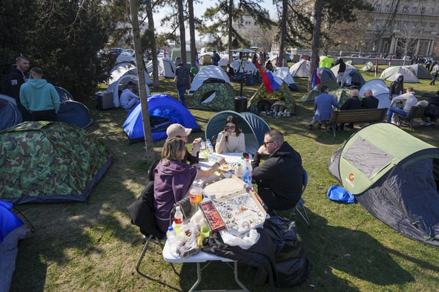 A group of students (The Students 2.0 group) set up a camp in front of the Serbian Presidency building and demanding a return to classes, in Belgrade, Serbia, Friday, March 7, 2025. (AP Photo/Darko Vojinovic)
