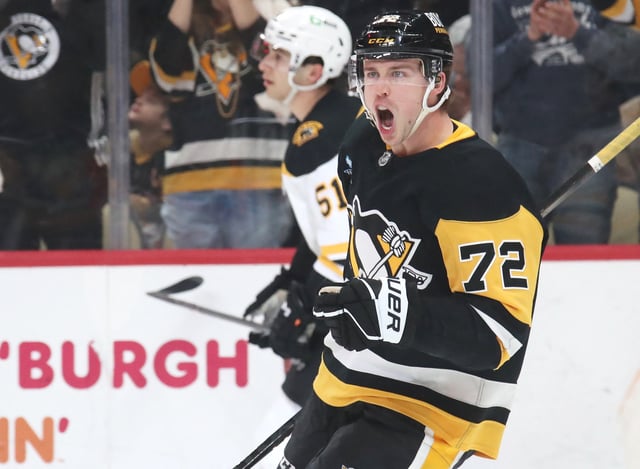 Mar 1, 2025; Pittsburgh, Pennsylvania, USA;  Pittsburgh Penguins left wing Anthony Beauvillier (72) reacts after scoring a short-handed goal against the Boston Bruins during the third period at PPG Paints Arena. Mandatory Credit: Charles LeClaire-Imagn Images/File Photo