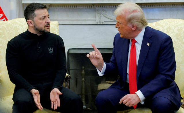 U.S. President Donald Trump meets with Ukrainian President Volodymyr Zelenskiy at the White House in Washington, D.C., U.S., February 28, 2025. REUTERS/Brian Snyder/File Photo