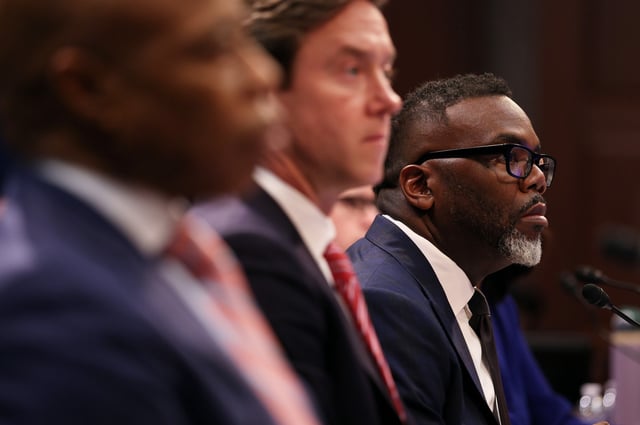Chicago Mayor Brandon Johnson (R) testifies during a House Oversight and Government Reform Committee hearing on sanctuary cities&#39; policies at the U.S. Capitol on March 05, 2025, in Washington, DC.