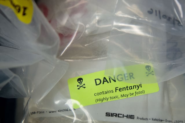 Bags of heroin, some laced with fentanyl, are displayed before a press conference regarding a major drug bust, at the office of the New York Attorney General, September 23, 2016, in New York City.