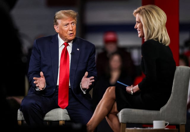 Former U.S. President and Republican presidential candidate Donald Trump participates in a Fox News town hall with Laura Ingraham in Greenville, South Carolina, U.S. February 20, 2024.  REUTERS/Sam Wolfe/File Photo