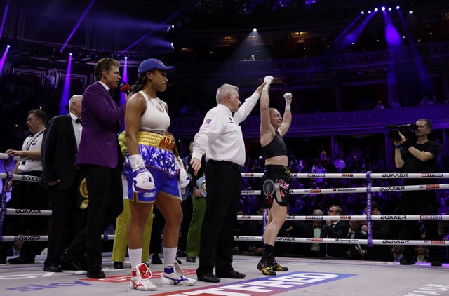 Boxing - Natasha Jonas v Lauren Price - British Featherweight Championship - The Royal Albert Hall, London, Britain - March 7, 2025 Lauren Price celebrates after winning her fight against Natasha Jonas Action Images via Reuters/Andrew Couldridge