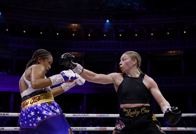 Boxing - Natasha Jonas v Lauren Price - British Featherweight Championship - The Royal Albert Hall, London, Britain - March 7, 2025 Lauren Price in action against Natasha Jonas Action Images via Reuters/Andrew Couldridge