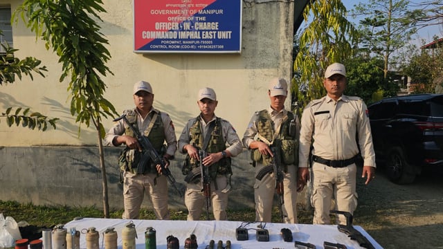 Security personnel display the arms and ammunition surrendered by the public from Churachandpur, Imphal East, and Kangpokpi districts of Manipur.