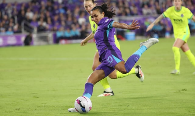 Orlando player Marta kicks at goal during the NWSL Challenge Cup 2025 soccer match of Orlando Pride vs. Washington Spirit at Inter&amp;Co Stadium in Orlando on Friday, March 7, 2025. Washington won the match 1-1 in penalty kicks. (Stephen M. Dowell/Orlando Sentinel)