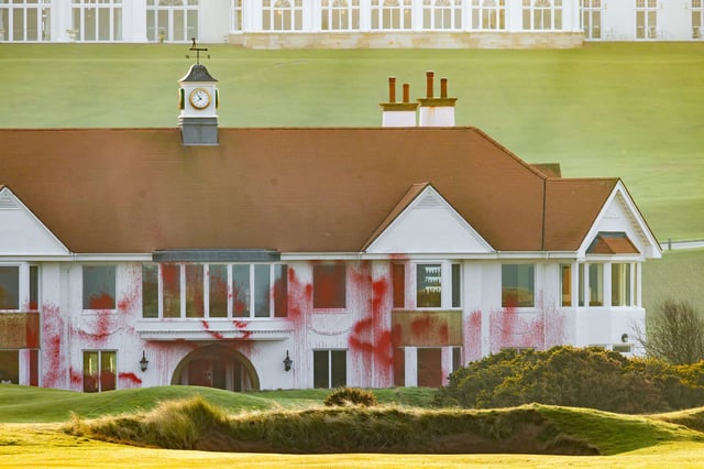 Protestors have vandalized one of Donald Trump’s golf courses in Scotland.