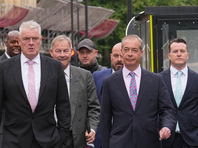 (Front row, left to right) Reform UK MP Lee Anderson, Reform UK leader Nigel Farage, and (second row, left to right) Reform UK MPs Rupert Lowe and James McMurdock arrive at the House of Commons in Westminster, central London. Picture date: Tuesday July 9, 2024. (Photo by Maja Smiejkowska/PA Images via Getty Images)