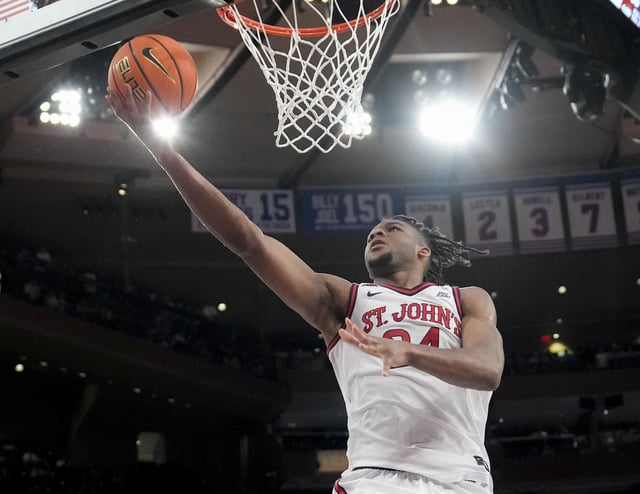 Zuby Ejiofor #24 of the St. John&#39;s Red Storm goes in for a layup in the second half of a college basketball game against the Seton Hall Pirates Madison Square Garden on March 1, 2025 in New York City. Ejiofor scored 17 points as St. John&#39;s won 71-61.