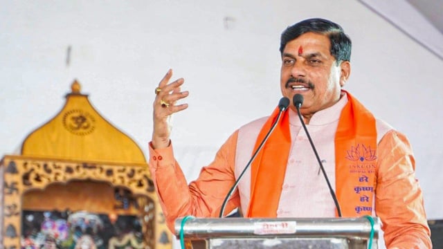 Madhya Pradesh Chief Minister Mohan Yadav addresses the gathering during the groundbreaking ceremony of Iskcon Temple, in Bhopal.
