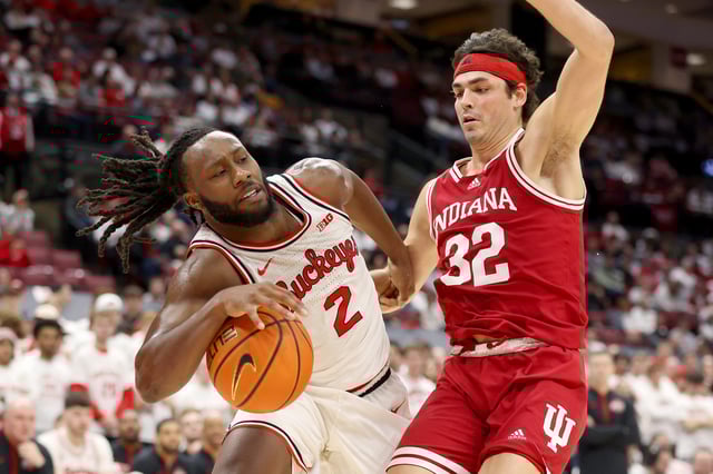 Ohio State Buckeyes guard Bruce Thornton (2) drives to the basket as Indiana Hoosiers guard Trey Galloway (32) defends during the second half at Value City Arena.