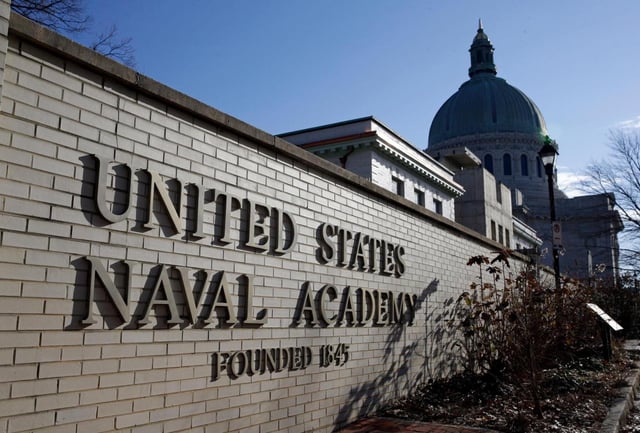 FILE – An entrance to the U.S. Naval Academy campus in Annapolis, Md., is seen Jan. 9, 2014. (AP Photo/Patrick Semansky, File)