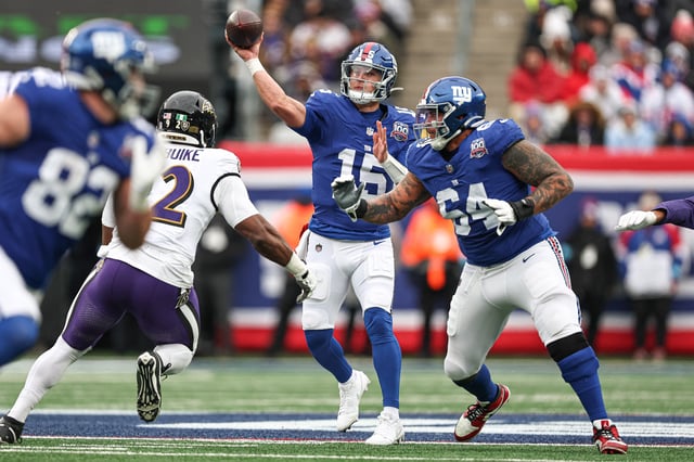 Dec 15, 2024; East Rutherford, New Jersey, USA; New York Giants quarterback Tommy DeVito (15) throws the ball during the first half against the Baltimore Ravens at MetLife Stadium. Vincent Carchietta-Imagn Images/File Photo