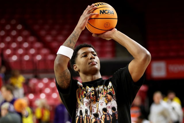 Maryland forward Julian Reese (10) takes a shot before an NCAA college basketball game against Northwestern, Saturday, March 8, 2025, in College Park, Md. (AP Photo/Daniel Kucin Jr.)