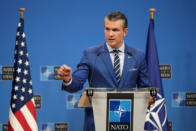 United States Secretary of Defense Pete Hegseth speaks during a media conference after a meeting of NATO defense ministers at NATO headquarters in Brussels, on February 13.