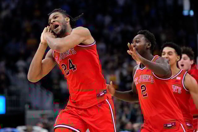 St. John’s Red Storm forward Zuby Ejiofor celebrates after hitting the buzzer-beater against Marquette.