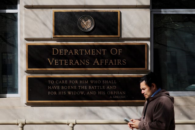A sign marks the headquarters of the Department of Veterans Affairs in Washington, D.C., U.S., February 20, 2025.REUTERS/Brian Snyder/File Photo