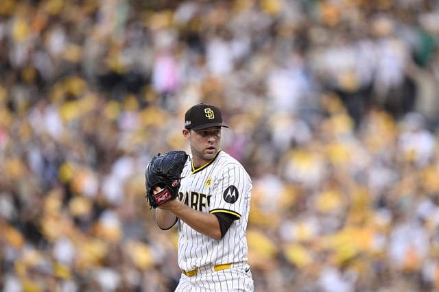 SAN DIEGO, CALIFORNIA - OCTOBER 01: Michael King #34 of the San Diego Padres prepares to throw a pitch against the Atlanta Braves during the first inning in Game One of the Wild Card Series at Petco Park on October 01, 2024 in San Diego, California.