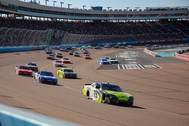 Aric Almirola, driver of the #19 Younglife Toyota, Alex Bowman, driver of the #17 HendrickCars.com Chevrolet, and Brandon Jones, driver of the #20 Menards/Pelonis Toyota, race during the NASCAR Xfinity Series GOVX 200 at Phoenix Raceway on March 08, 2025 in Avondale, Arizona.