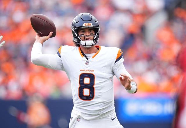 Aug 25, 2024; Denver, Colorado, USA; Denver Broncos quarterback Jarrett Stidham (8) prepares to pass the ball in the first quarter against the Arizona Cardinals at Empower Field at Mile High. Mandatory Credit: Ron Chenoy-USA TODAY Sports/File Photo