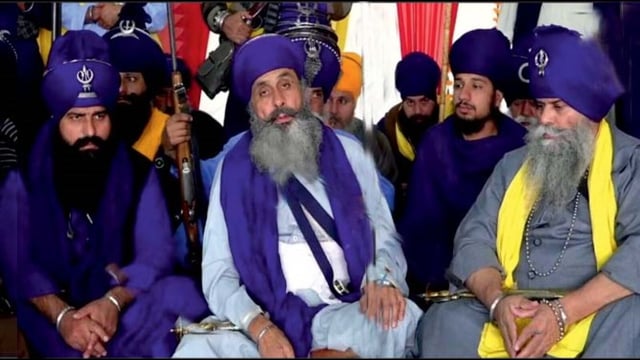 Leaders of Nihang groups addressing mediapersons in Amritsar on Sunday. (HT Photo)