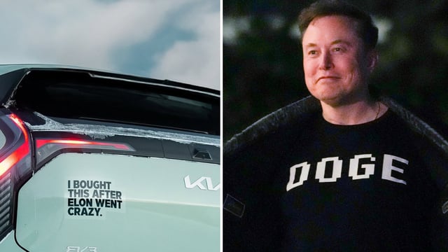 Tesla-rival Kia takes a dig at Elon Musk with a car sticker.