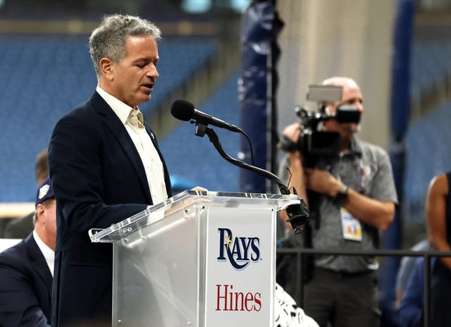 Sep 19, 2023; Tampa, FL, USA; Tampa Bay Rays principal owner Stu Sternberg talks with media as the Tampa Bay Rays announced today that a historic agreement has been reached with the City of St. Petersburg and Pinellas County to move forward with a new state-of-the-art ballpark at Tropicana Field. Mandatory Credit: Kim Klement Neitzel-USA TODAY Sports/File Photo