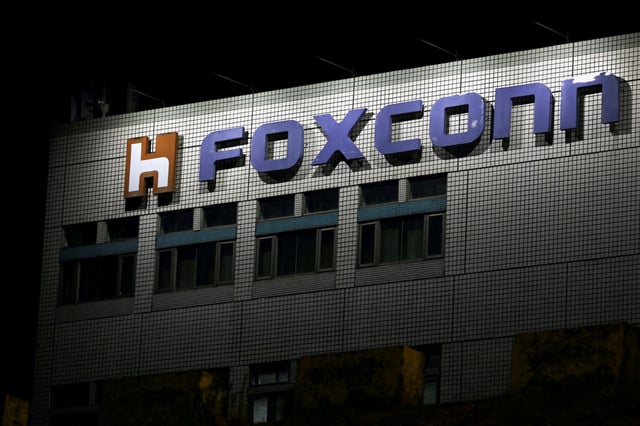 The logo of Foxconn is seen outside the company's building in Taipei, Taiwan November 10, 2022. REUTERS/Ann Wang/File Photo