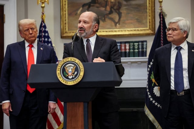 US Commerce Secretary Howard Lutnick speaks next to US President Donald Trump and C.C. Wei, chairman and chief executive of Taiwan Semiconductor Manufacturing Co, as they announce the chipmaker’s US$100 billion investment in the Roosevelt Room at the White House in Washington, DC, on March 3, 2025. Photo: Reuters