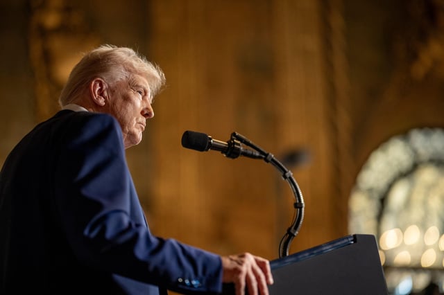President Donald Trump takes questions after signing executive orders, February, 2025. Credit: American Photo Archive / Alamy Stock Photo