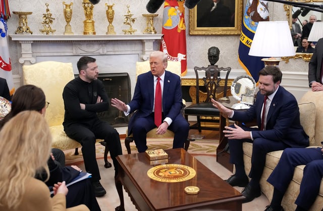 U.S. President Donald Trump (C) and Vice President JD Vance meet with Ukrainian President Volodymyr Zelensky in the Oval Office at the White House on February 28, 2025 in Washington, DC.