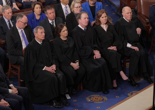 Front row, from left to right, Chief Justice of the Supreme Court John Roberts, Justice Elena Kagan, Justice Brett Kavanaugh, Justice Amy Coney Barrett, and retired Justice Anthony Kennedy attend U.S. President Donald Trump&#39;s address to a joint session of Congress at the U.S. Capitol on March 04, 2025, in Washington, DC.