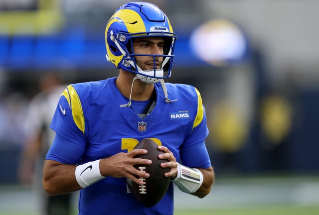 Jimmy Garoppolo #11 of the Los Angeles Rams looks to pass in the pocket during a 30-25 loss to the Seattle Seahawks at SoFi Stadium on January 05, 2025 in Inglewood, California.