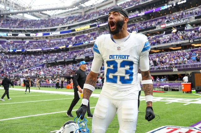 Oct 20, 2024; Minneapolis, Minnesota, USA; Detroit Lions cornerback Carlton Davis III (23) celebrates his teams win after the game against the Minnesota Vikings at U.S. Bank Stadium. Mandatory Credit: Matt Krohn-Imagn Images/File Photo