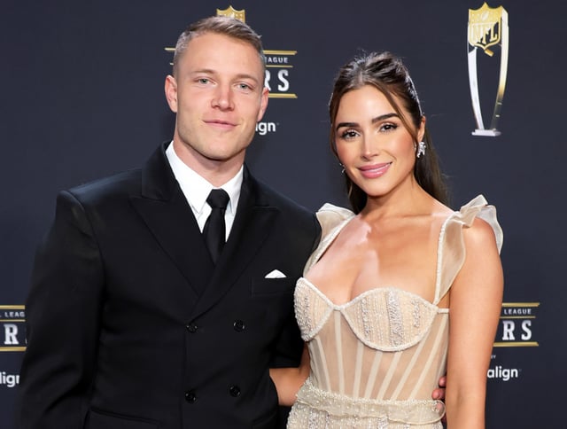 Christian McCaffrey and Olivia Culpo on Feb. 09, 2023 in Phoenix, AZ.