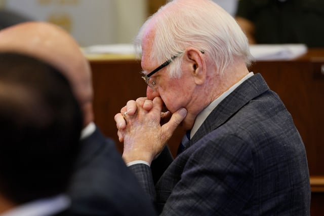 SANTA ANA, CALIF, Feb. 26, 2025 — Jeffrey Ferguson, an Orange County Superior Court judge, who allegedly pulled a gun from his ankle holster and fatally shot his wife, listens to closing arguments at the Santa Ana Central Justice Center in Santa Ana, Calif., on Wednesday, Feb. 26, 2025. (Allen J. Schaben / Los Angeles Times / Pool)