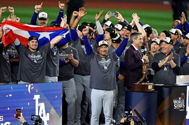 Dodgers manager Dave Roberts celebrates after beating the Yankees to win the 2024 World Series.